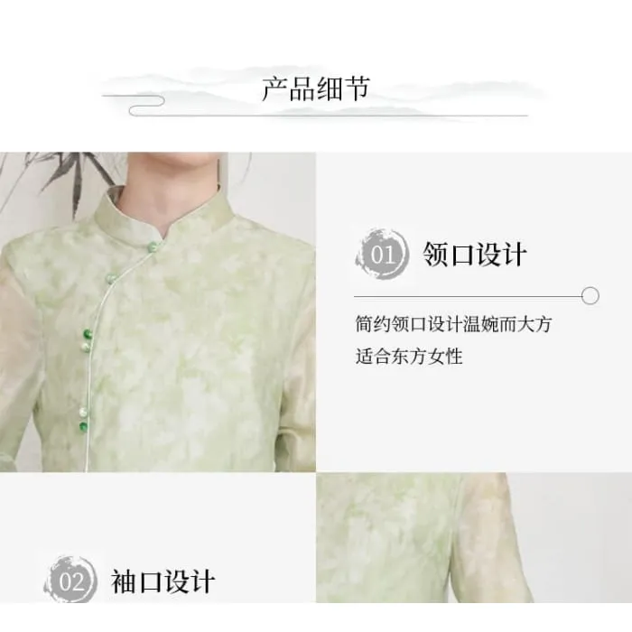 Traditional Chinese Long-Sleeve Print Maxi A-Line Dress / Pants