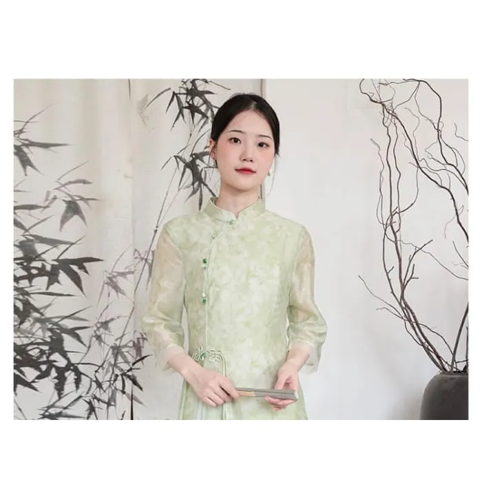 Traditional Chinese Long-Sleeve Print Maxi A-Line Dress / Pants