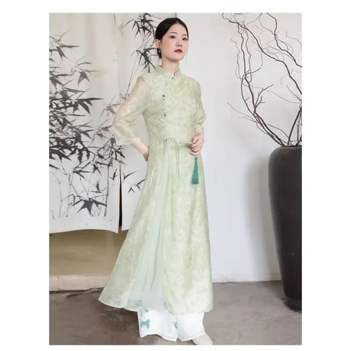 Traditional Chinese Long-Sleeve Print Maxi A-Line Dress / Pants