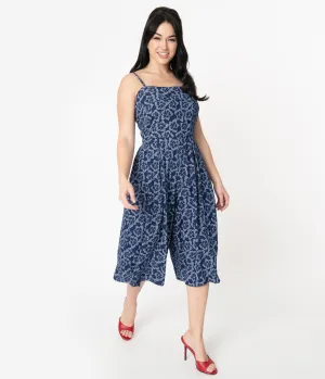Unique Vintage Navy Blue Embroidered Floral Nancy Romper