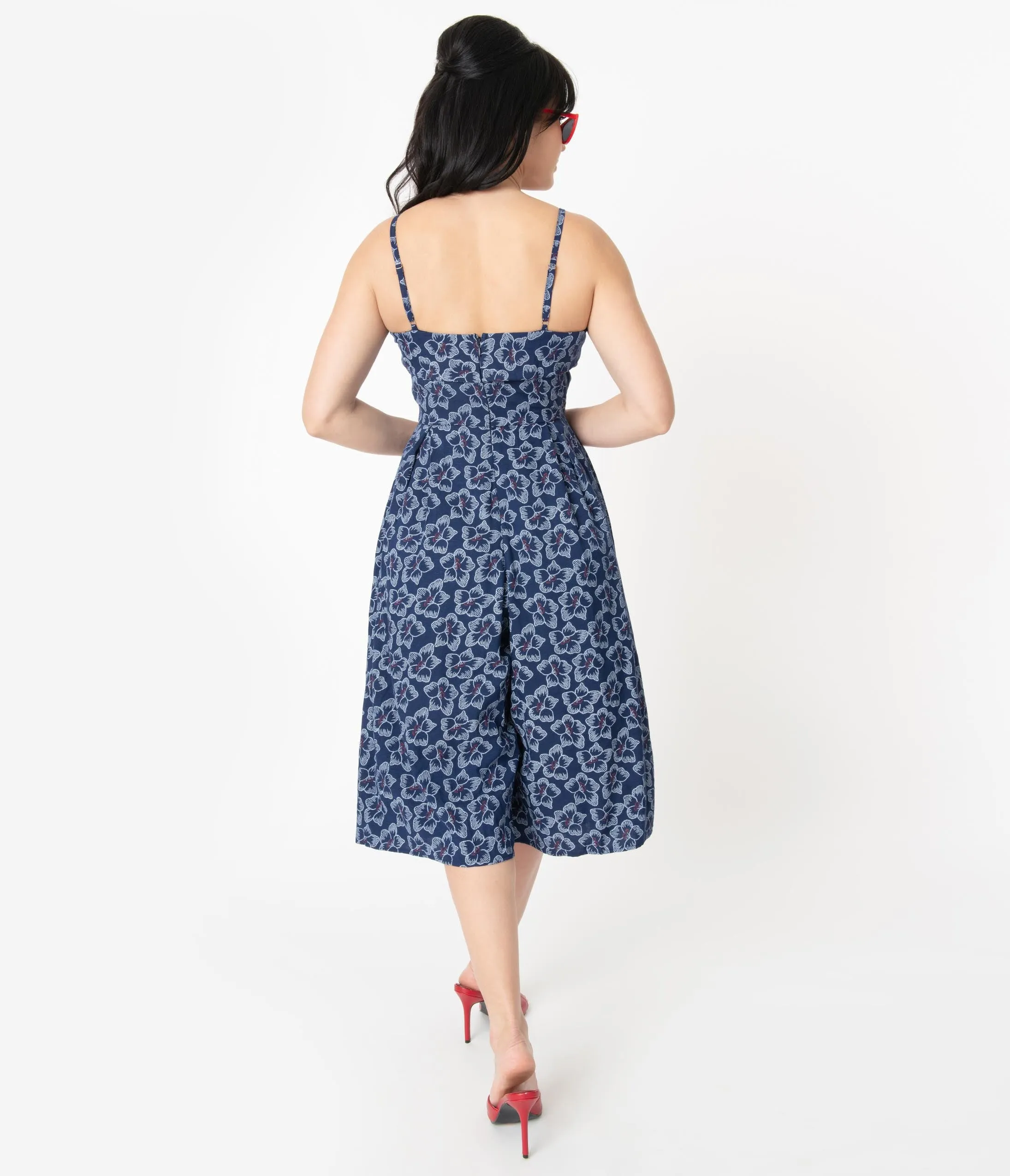 Unique Vintage Navy Blue Embroidered Floral Nancy Romper