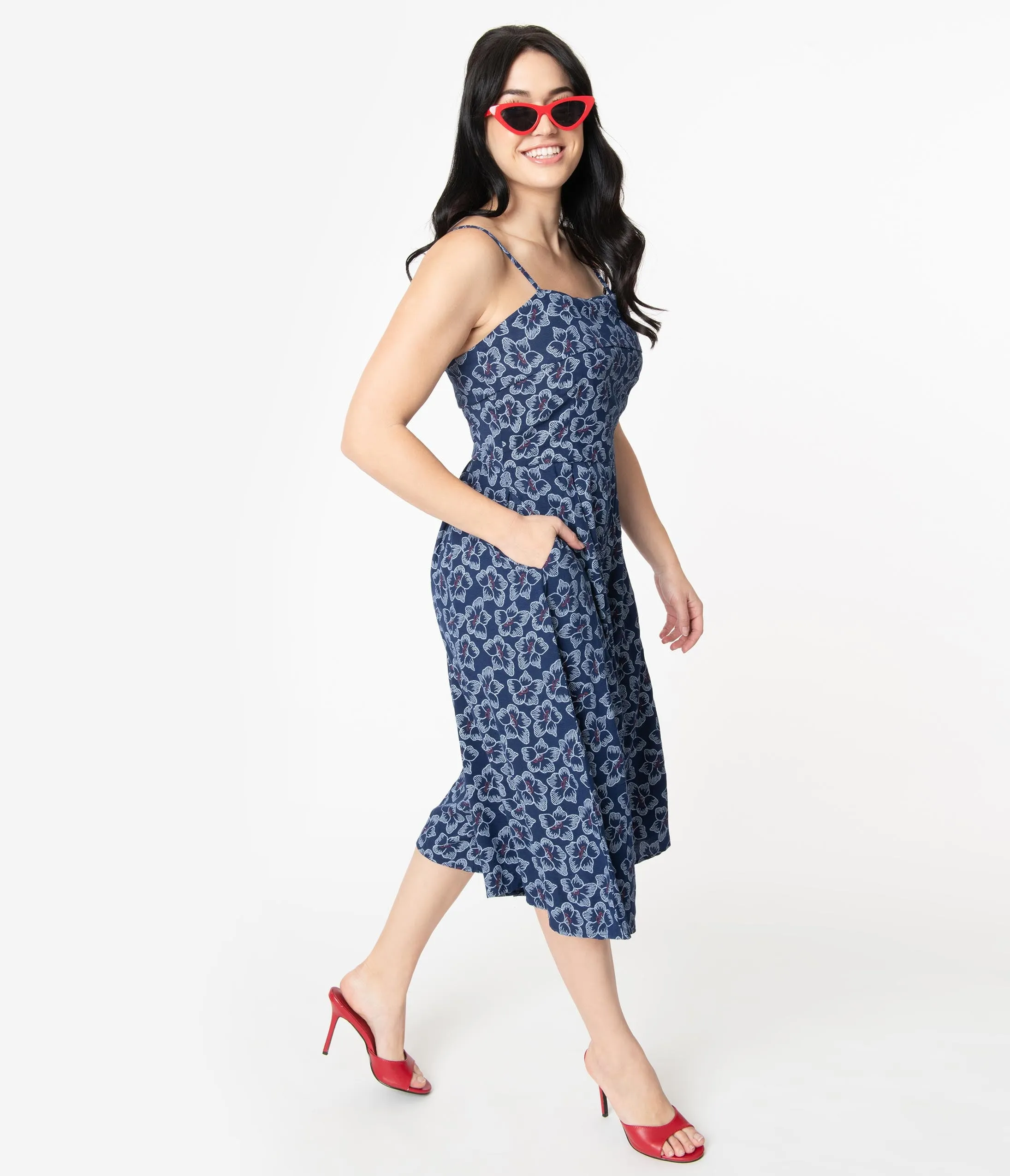 Unique Vintage Navy Blue Embroidered Floral Nancy Romper