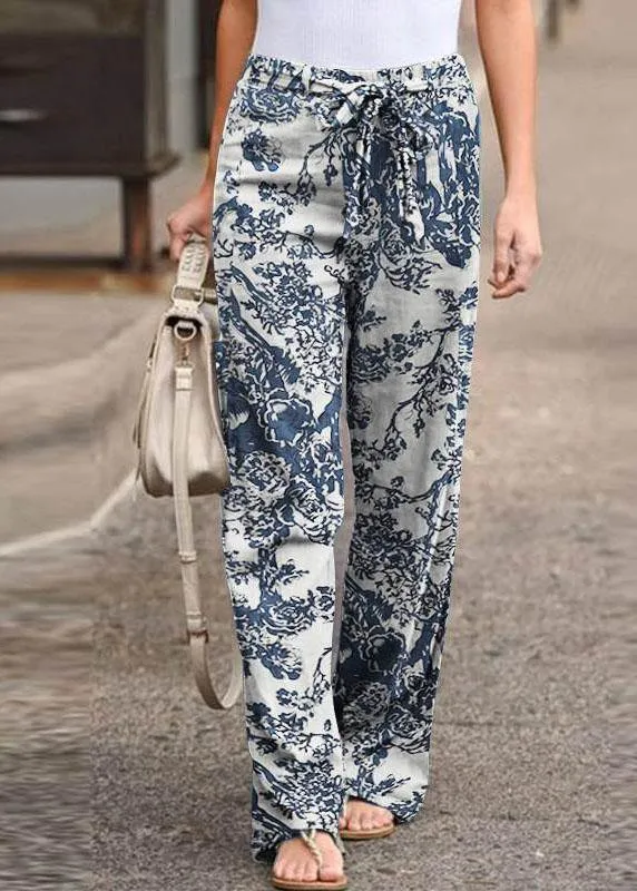 Women Leisure Cotton Contrast Color Elastic Waist Straight Pants with Side Pockets