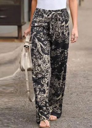 Women Leisure Cotton Contrast Color Elastic Waist Straight Pants with Side Pockets