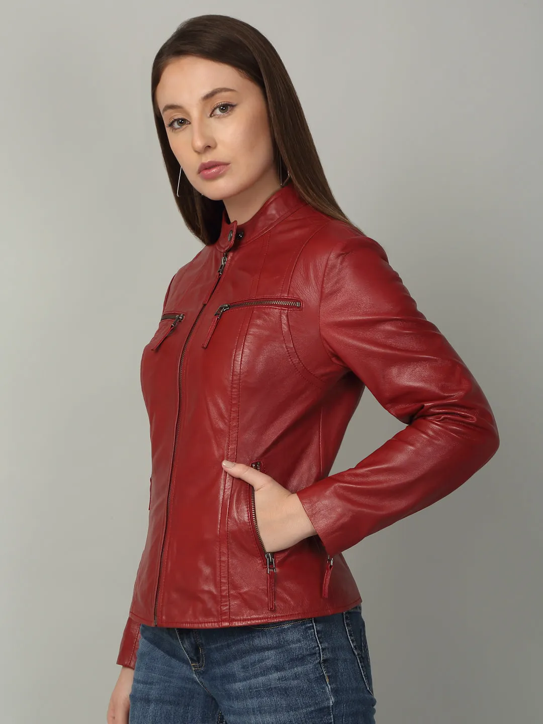 Women Sleek Red Leather Jacket