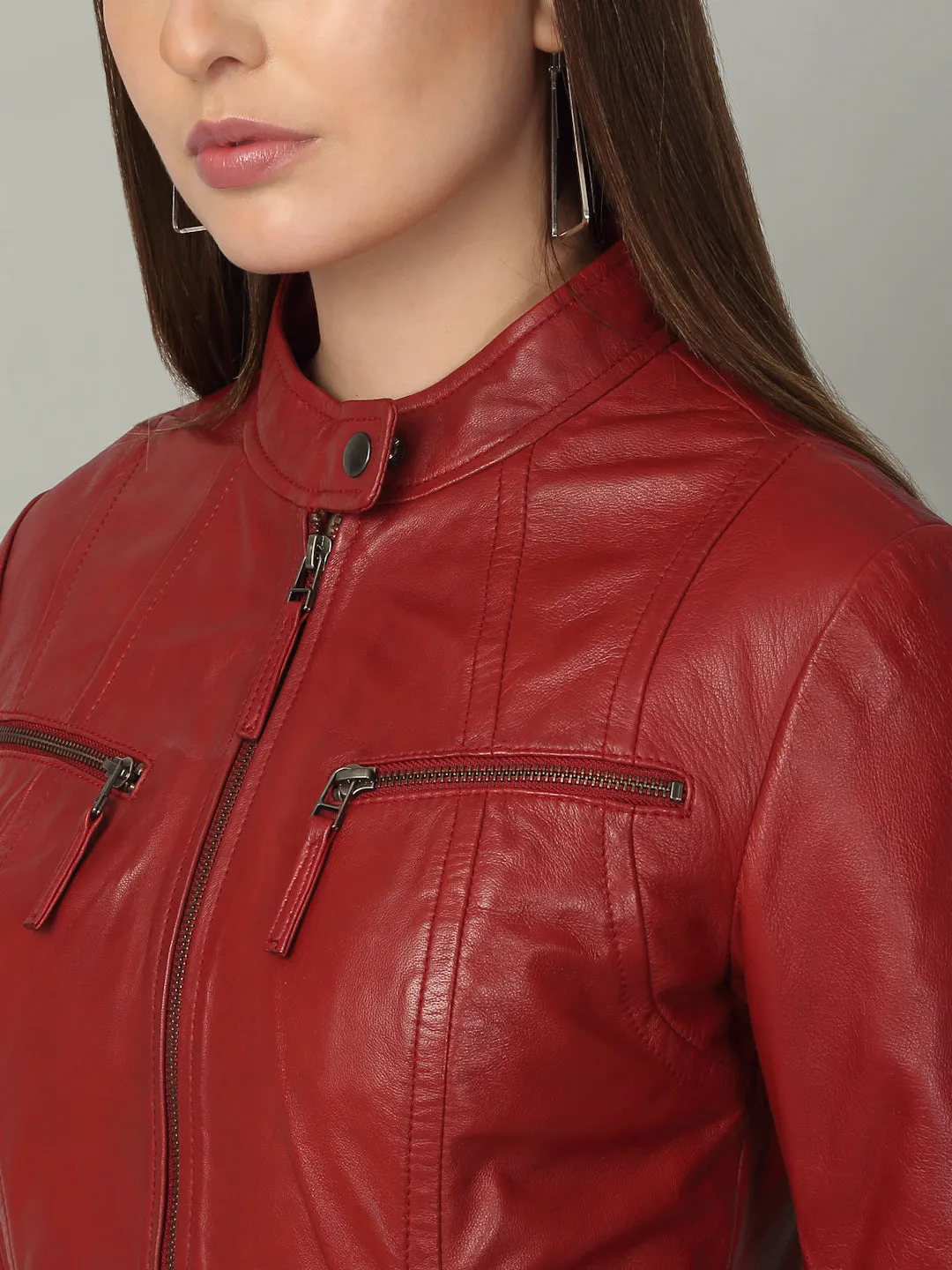 Women Sleek Red Leather Jacket