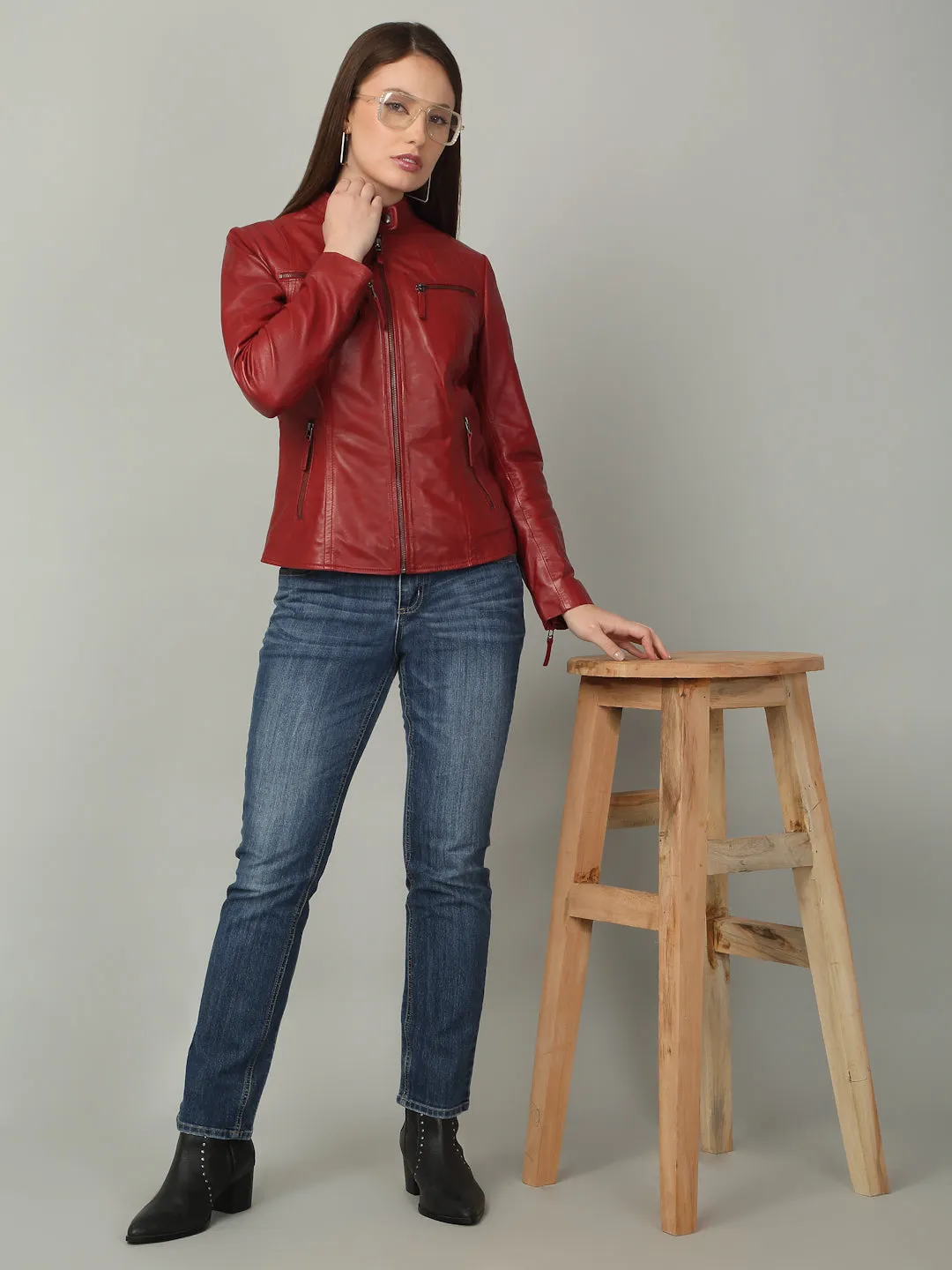 Women Sleek Red Leather Jacket