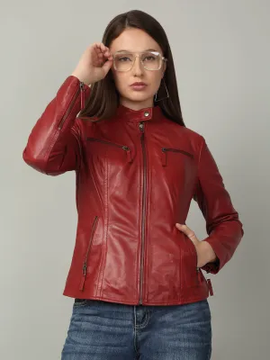 Women Sleek Red Leather Jacket