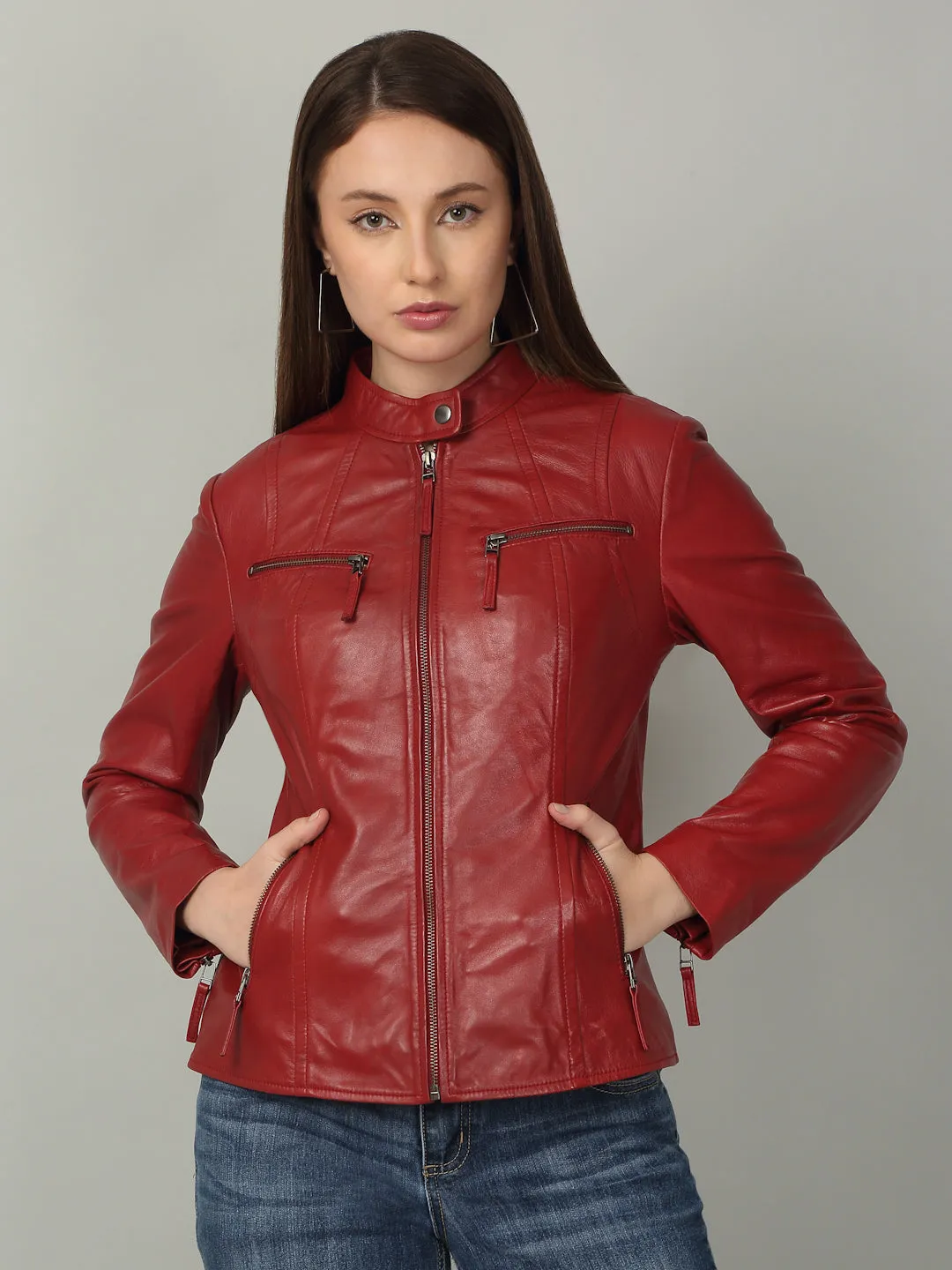Women Sleek Red Leather Jacket