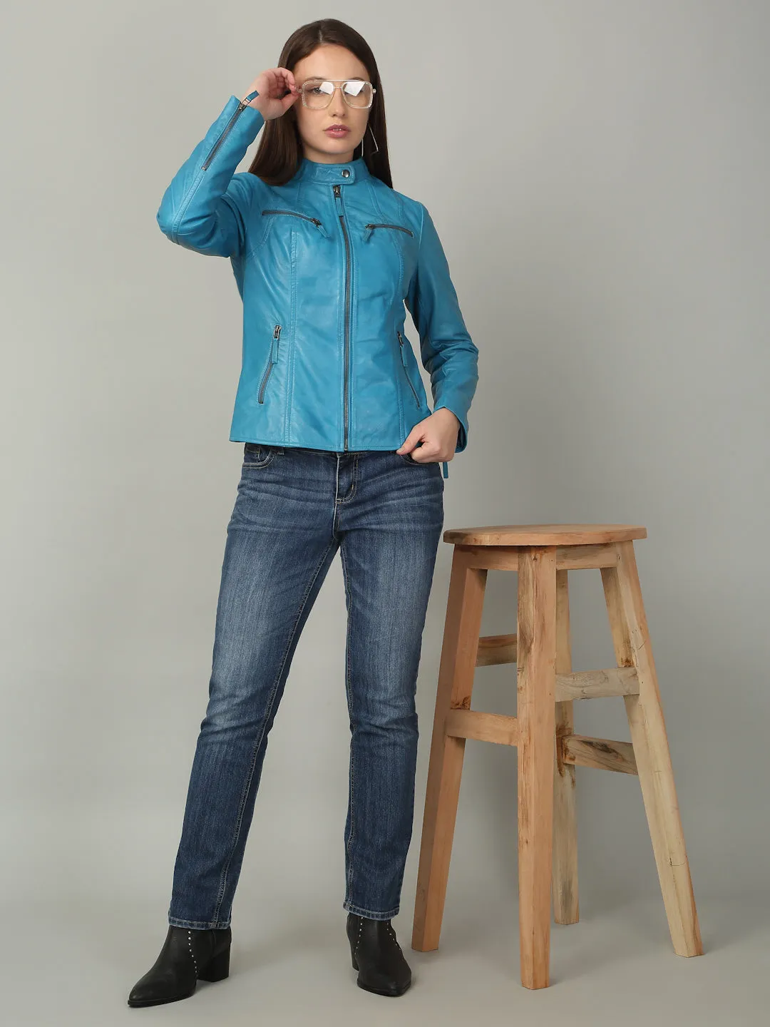 Women Sleek Royal Blue Leather Jacket