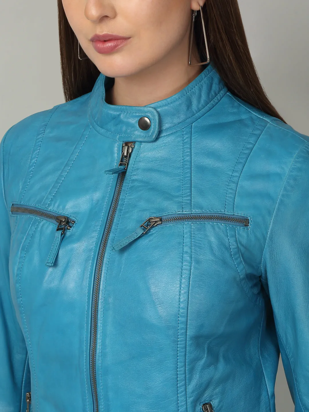 Women Sleek Royal Blue Leather Jacket