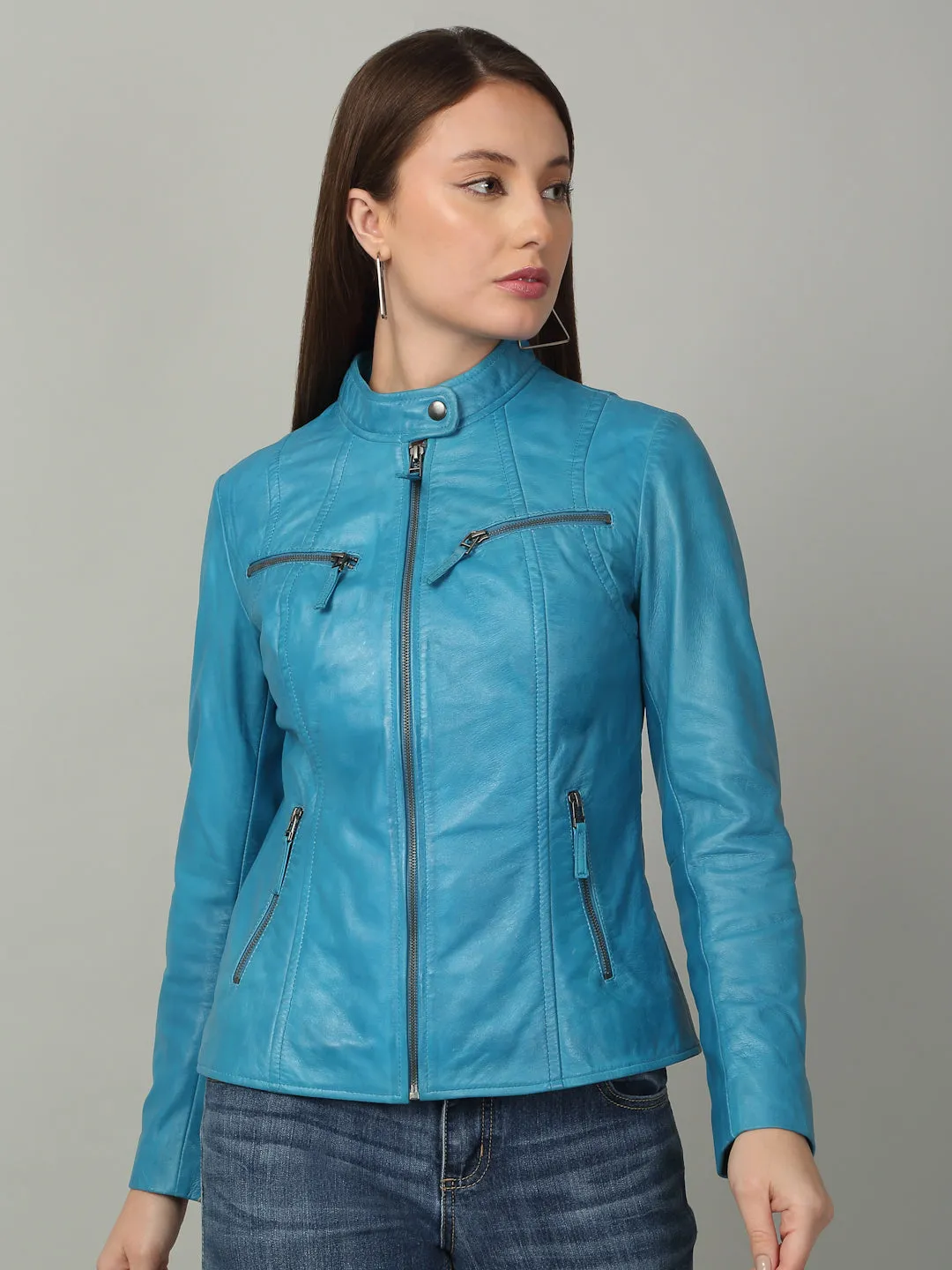 Women Sleek Royal Blue Leather Jacket