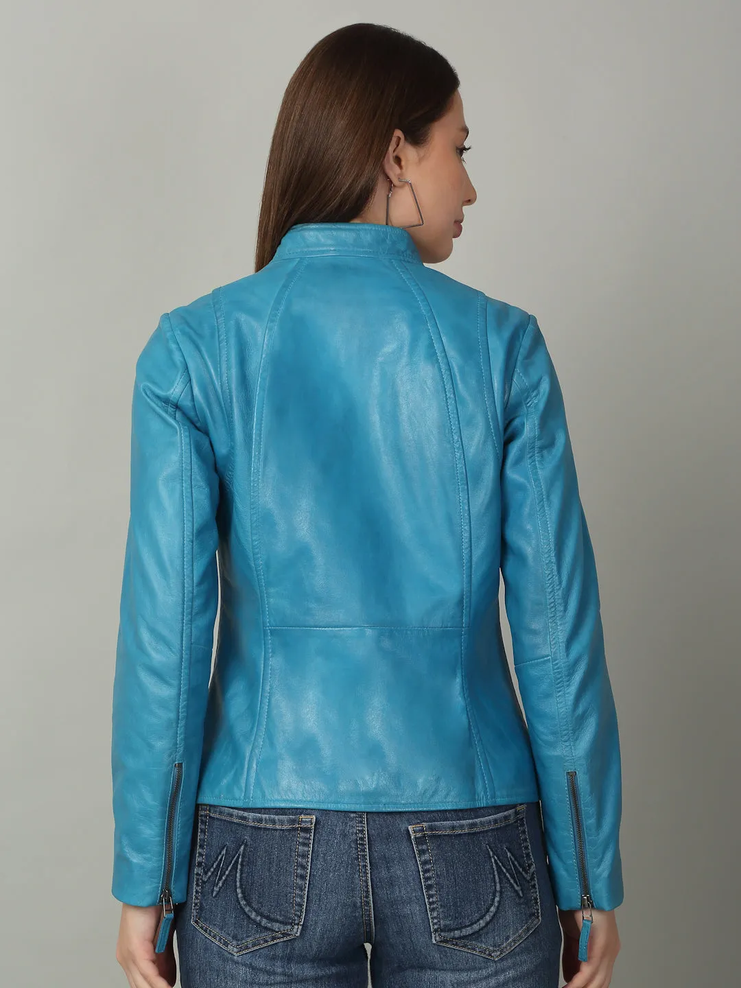 Women Sleek Royal Blue Leather Jacket