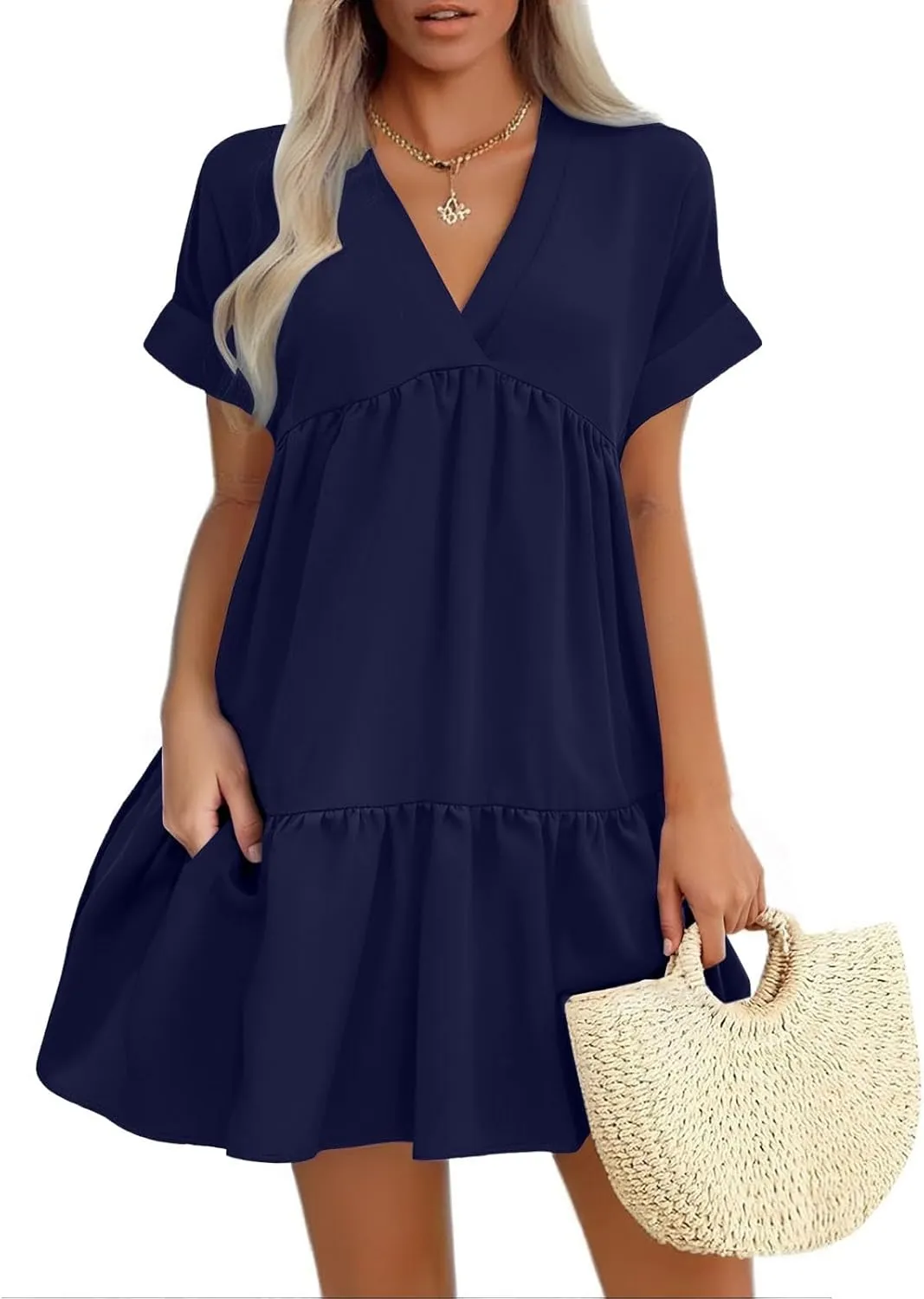 Women V Neck Babydoll Dresses 2025 Summer Short Rolled Sleeve Ruffle Swing Shift Flowy Loose Casual Summer Mini Dress