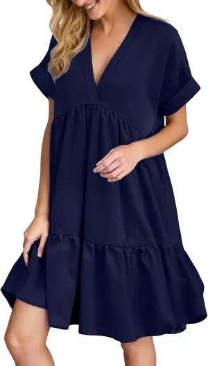Women V Neck Babydoll Dresses 2025 Summer Short Rolled Sleeve Ruffle Swing Shift Flowy Loose Casual Summer Mini Dress