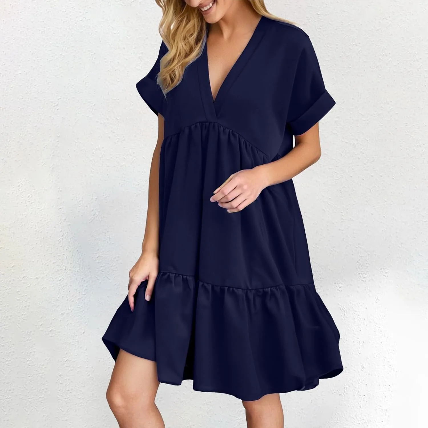Women V Neck Babydoll Dresses 2025 Summer Short Rolled Sleeve Ruffle Swing Shift Flowy Loose Casual Summer Mini Dress