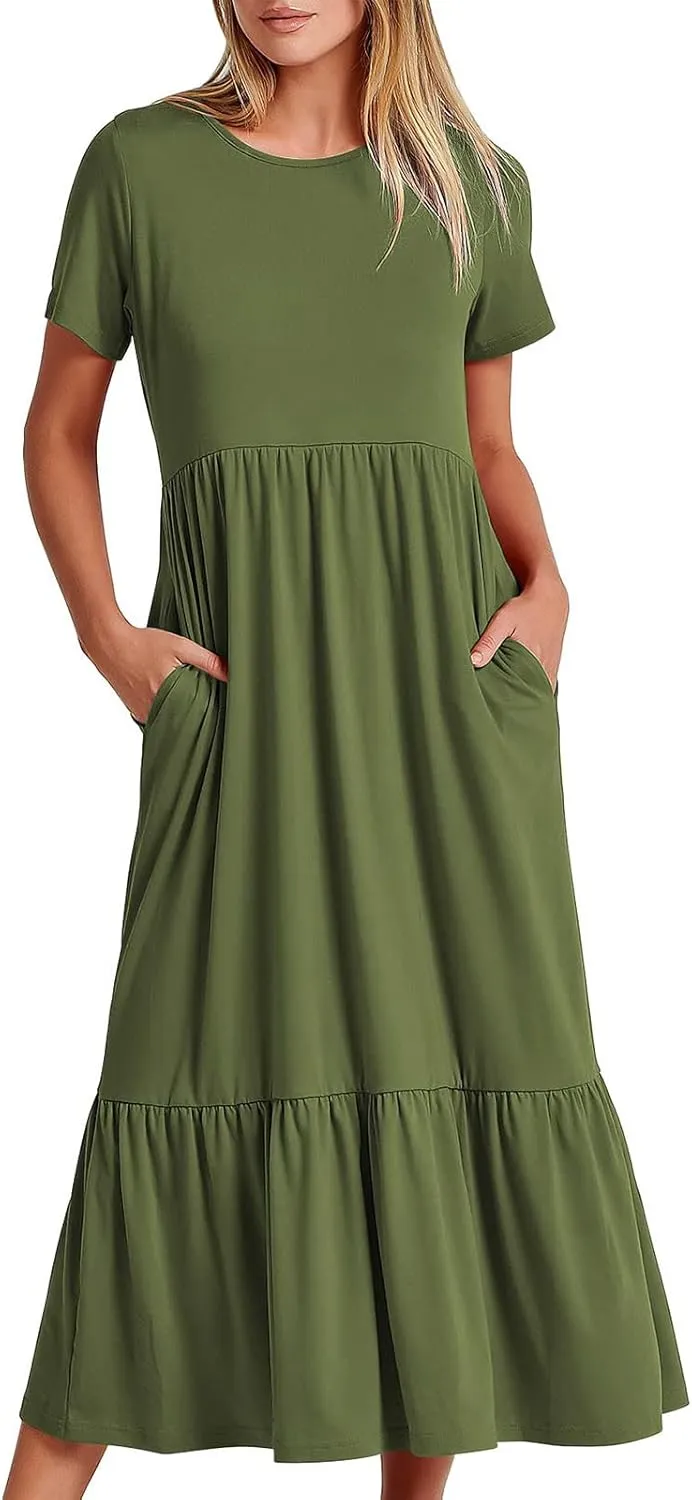 Womens Casual Summer Dresses Short Sleeve Crewneck Swing Dress Flowy Tiered Maxi Beach Dress Loose Pocket Long Dress