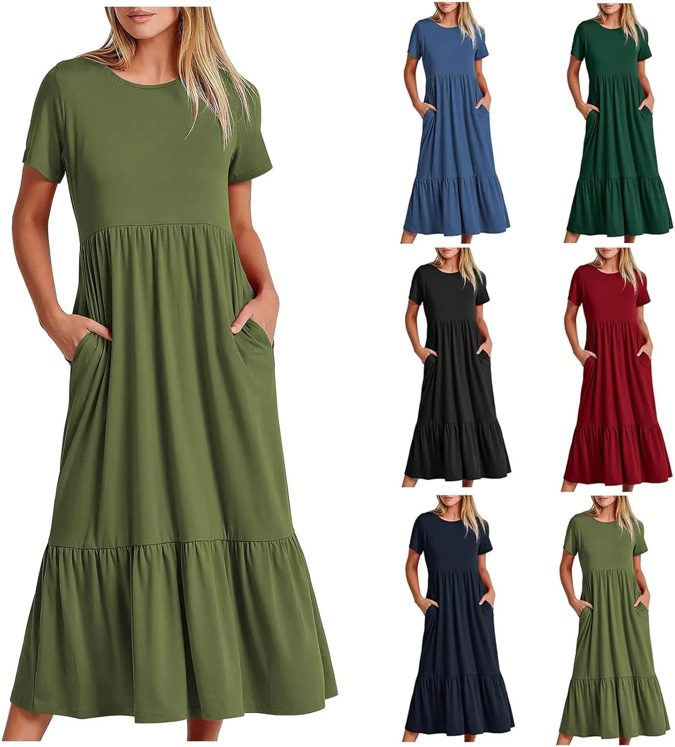 Womens Casual Summer Dresses Short Sleeve Crewneck Swing Dress Flowy Tiered Maxi Beach Dress Loose Pocket Long Dress