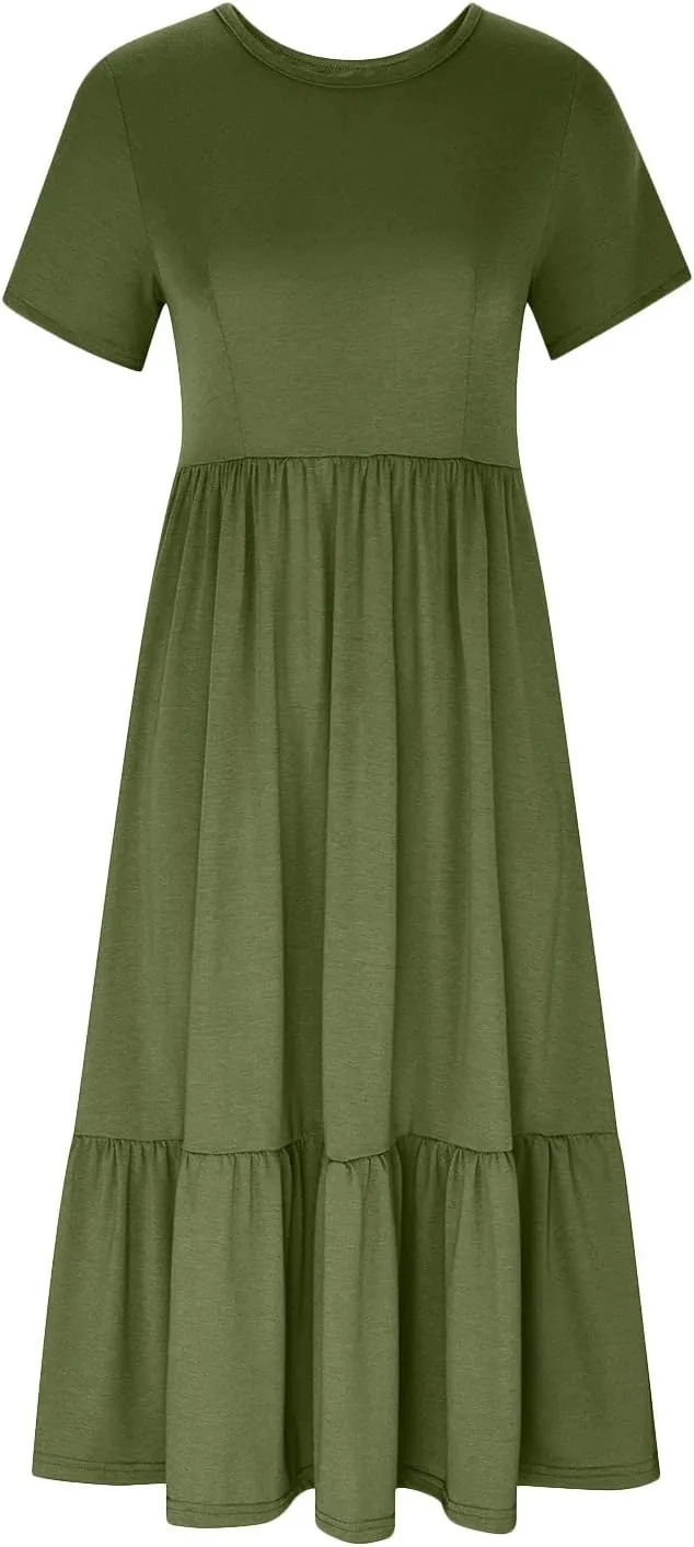 Womens Casual Summer Dresses Short Sleeve Crewneck Swing Dress Flowy Tiered Maxi Beach Dress Loose Pocket Long Dress