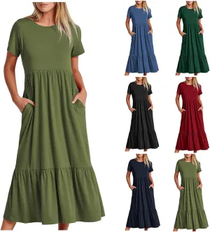 Womens Casual Summer Dresses Short Sleeve Crewneck Swing Dress Flowy Tiered Maxi Beach Dress Loose Pocket Long Dress