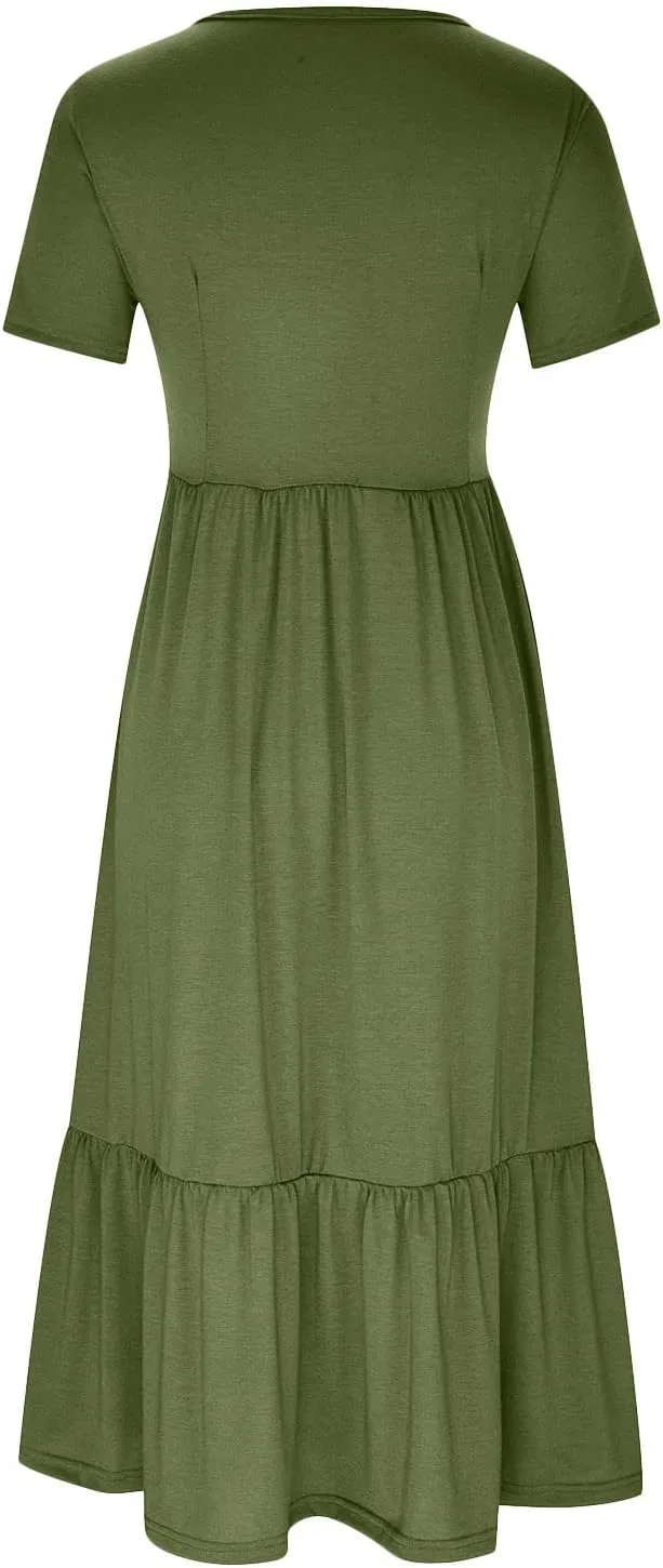 Womens Casual Summer Dresses Short Sleeve Crewneck Swing Dress Flowy Tiered Maxi Beach Dress Loose Pocket Long Dress