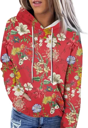 Womens Hoodies Casual Long Sleeve Drawstring Plaid Print Pullover Tops Loose Hooded Sweatshirt with Pocket